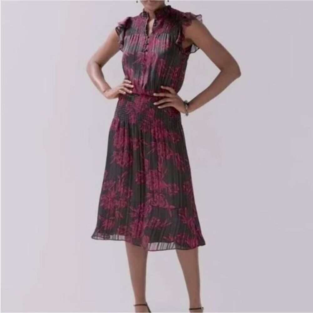New! White House Black Market Sleeveless Smocked Waist Ruffle Midi Dress, size M